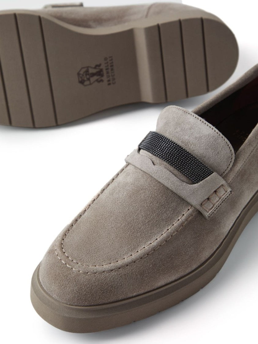 Brunello Cucinelli Beige Suede Moccasin With Crystal Embellishment