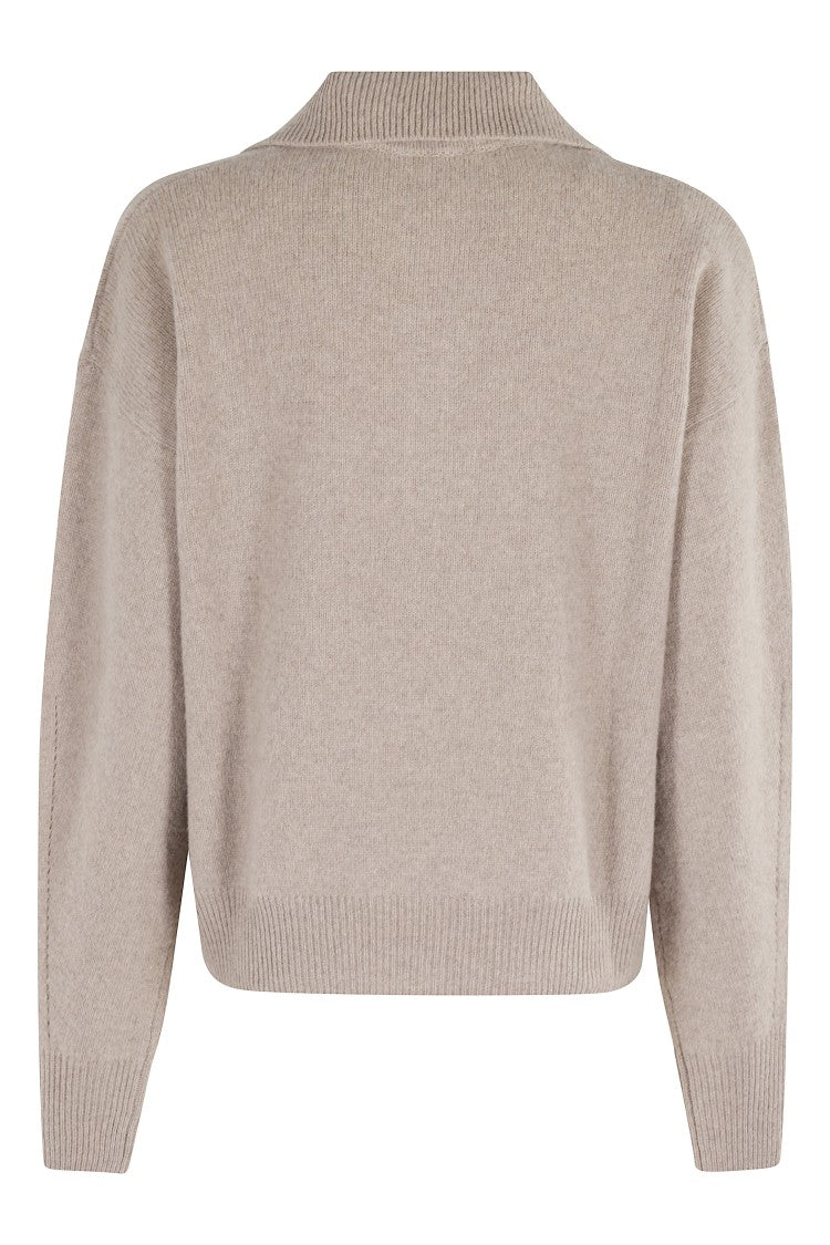 Federica Tosi Beige Long Sleeve Polo Shirt With Classic Collar And V-Neck Design