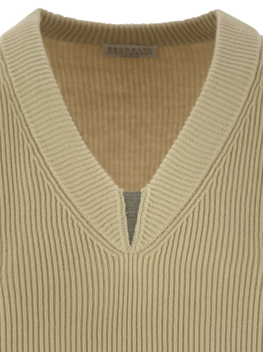 Brunello Cucinelli Cotton Rib Sweater With Shiny Detail