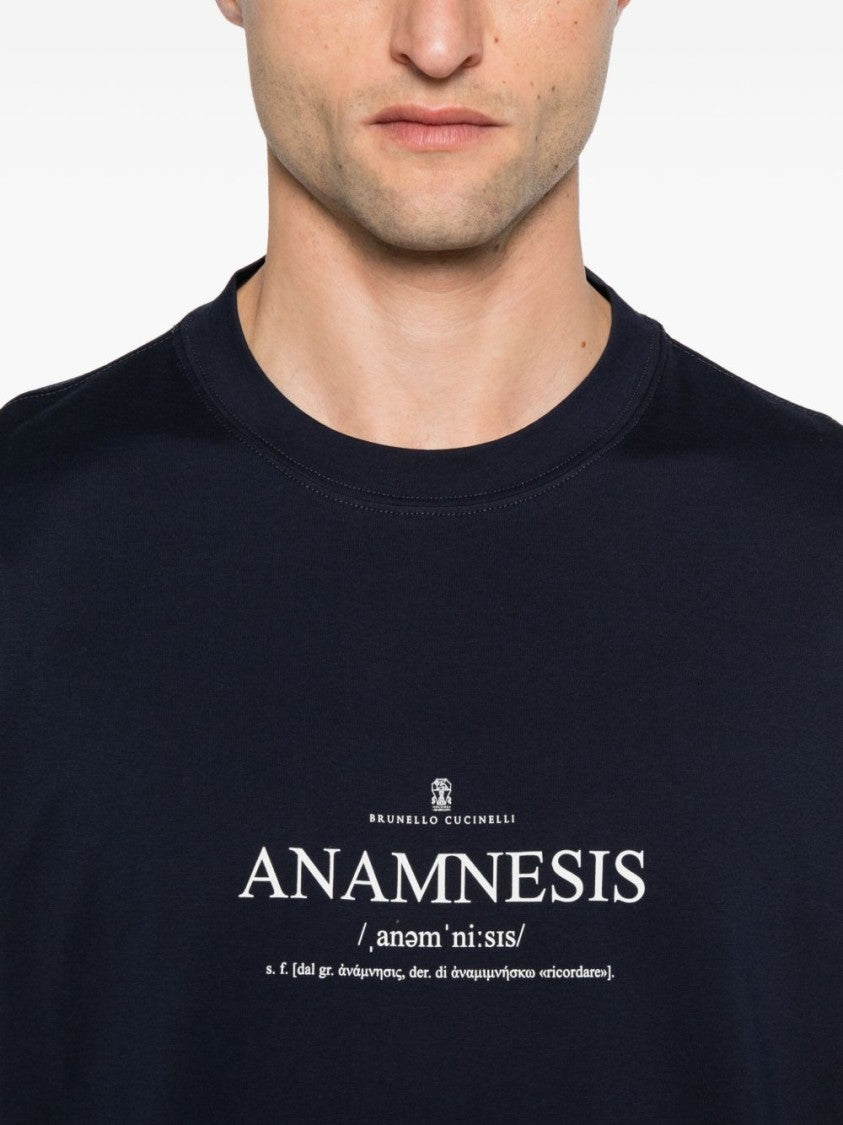 Brunello Cucinelli Deep Navy Blue Crew Neck T-Shirt With Graphic Print