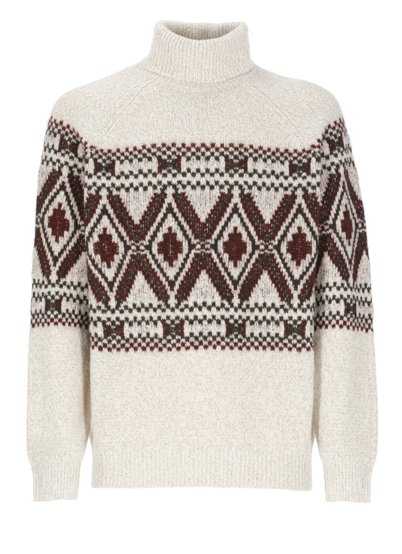 Brunello Cucinelli High Neck Beige Wool And Silk Sweater