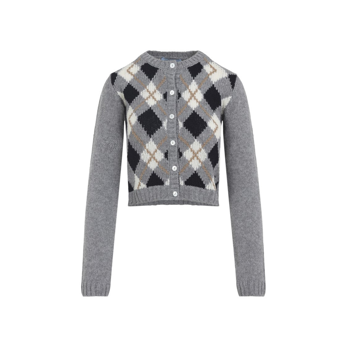 Prada Cropped Cashmere Cardigan With Jacquard Argyle Pattern