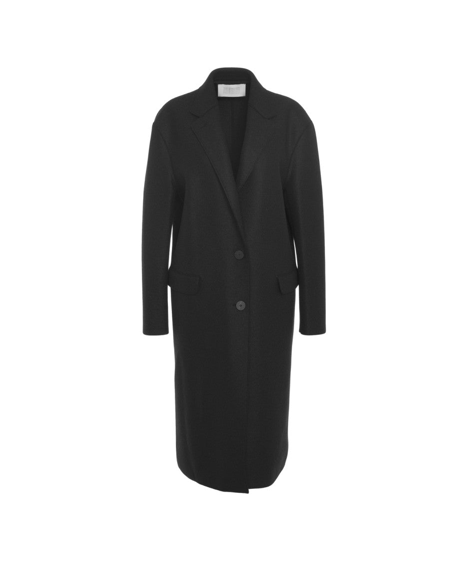 Harris Wharf London Long Black Virgin Wool Coat With Classic Notched Collar