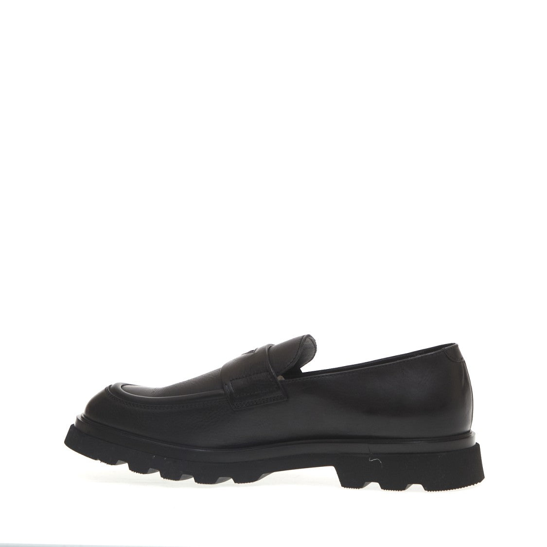 Doucal's Penny Moccasin Black Leather Heavy Rubber Bottom