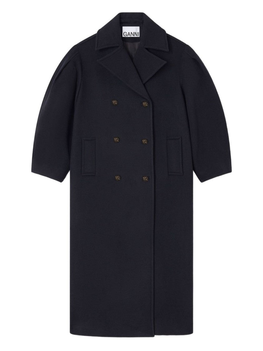 Ganni Double-Breasted Long Coat With Structured Silhouette