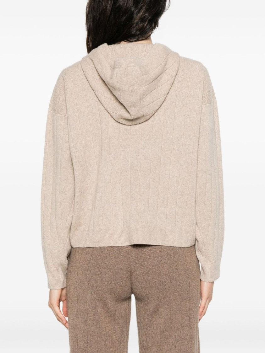 Max Mara Zip-Up Beige Knit Sweater With Hood