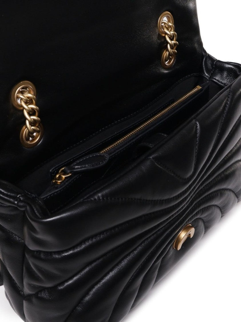 Pinko Quilted Black Calf Leather Foldover Bag With Love Birds Buckle