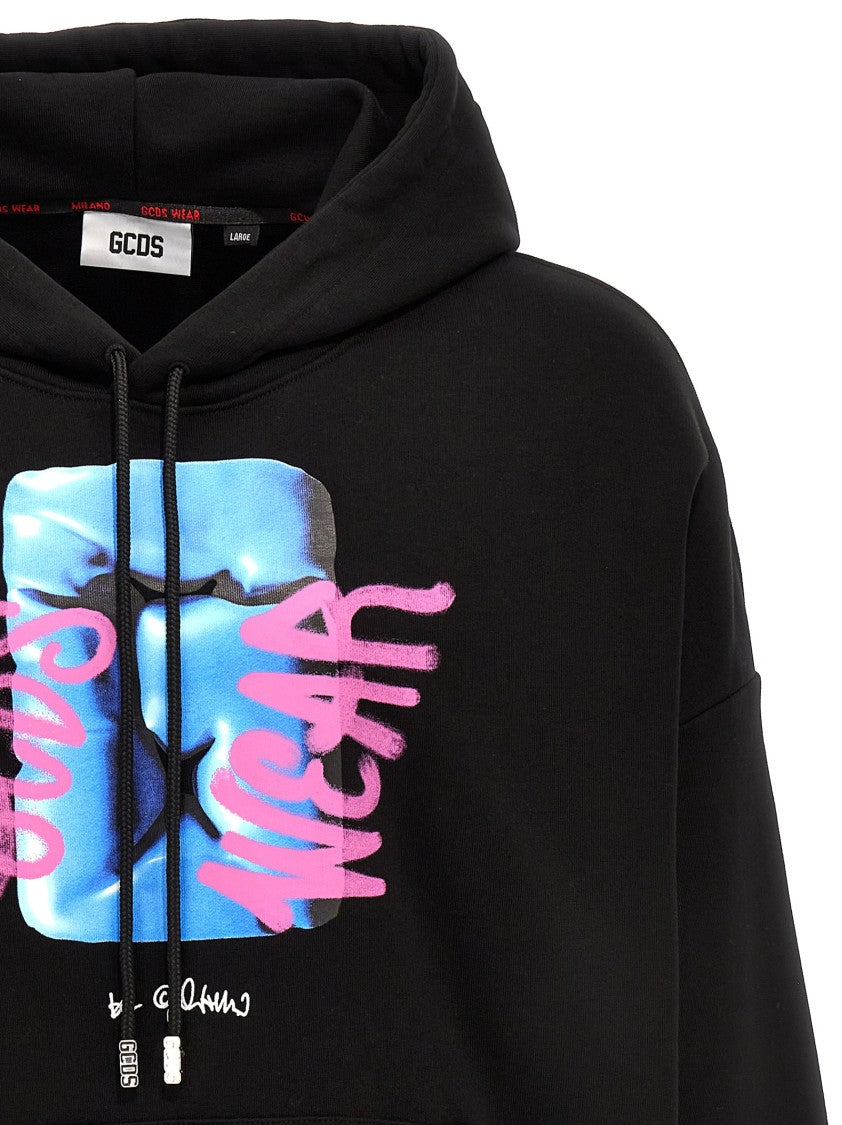 Gcds Black Cotton Hoodie With Bold Logo Print