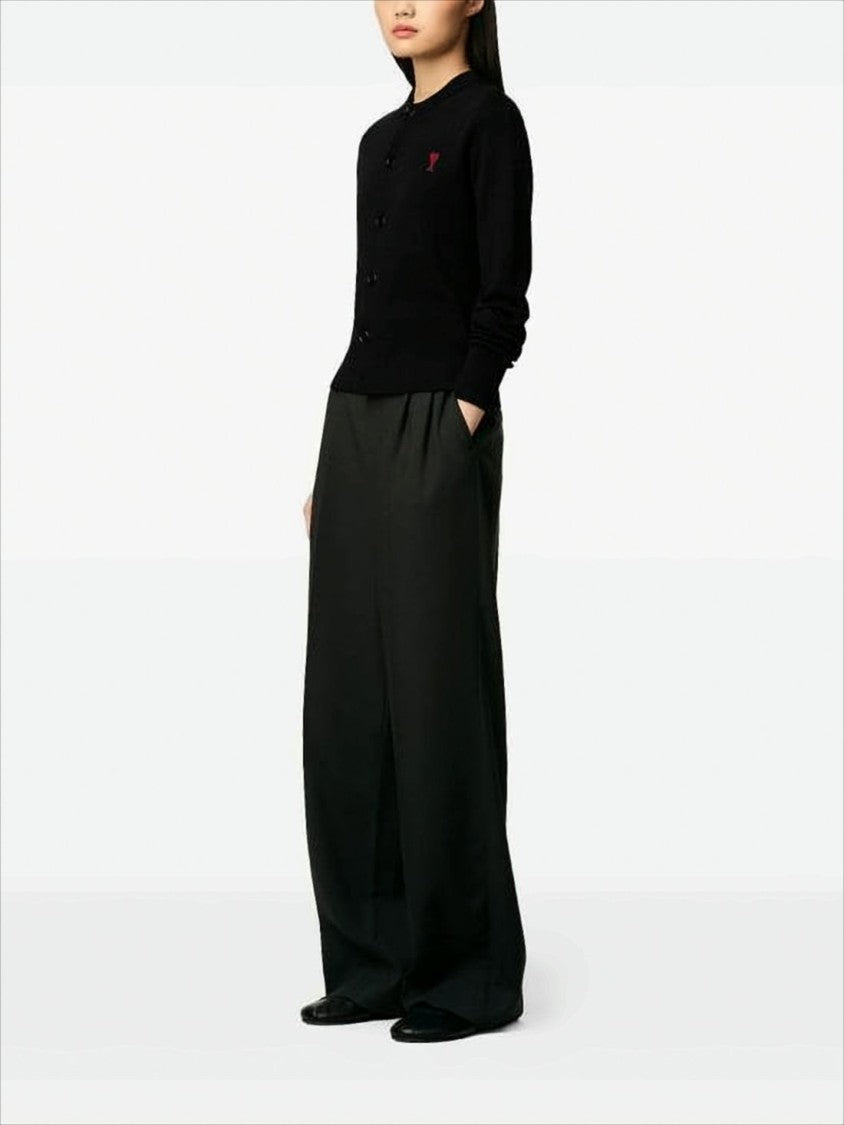 Ami Cropped Black Wool Cardigan With Round Neckline