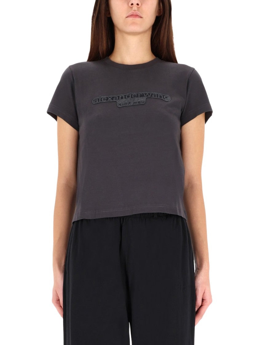 Alexander Wang Cropped Grey T-Shirt With Embossed Logo And Boxy Fit