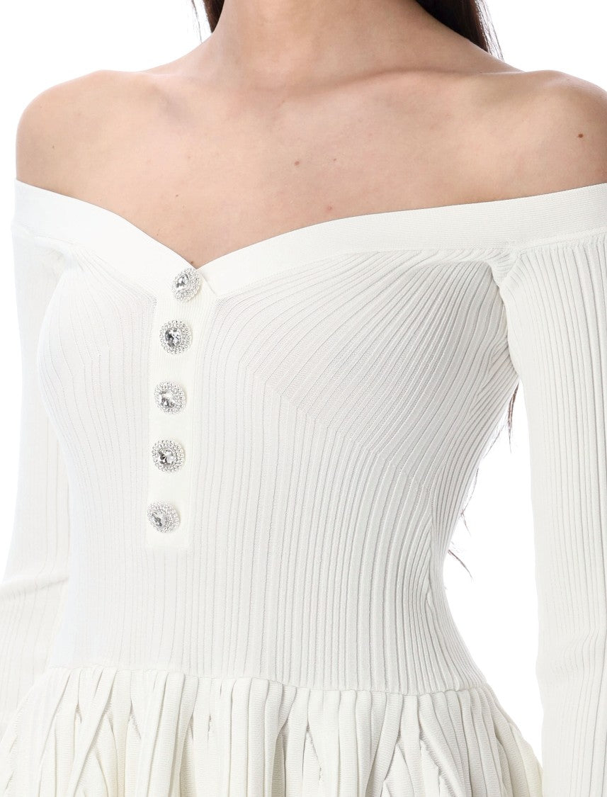 Self-Portrait White Ribbed Knit Off Shoulder Mini Dres