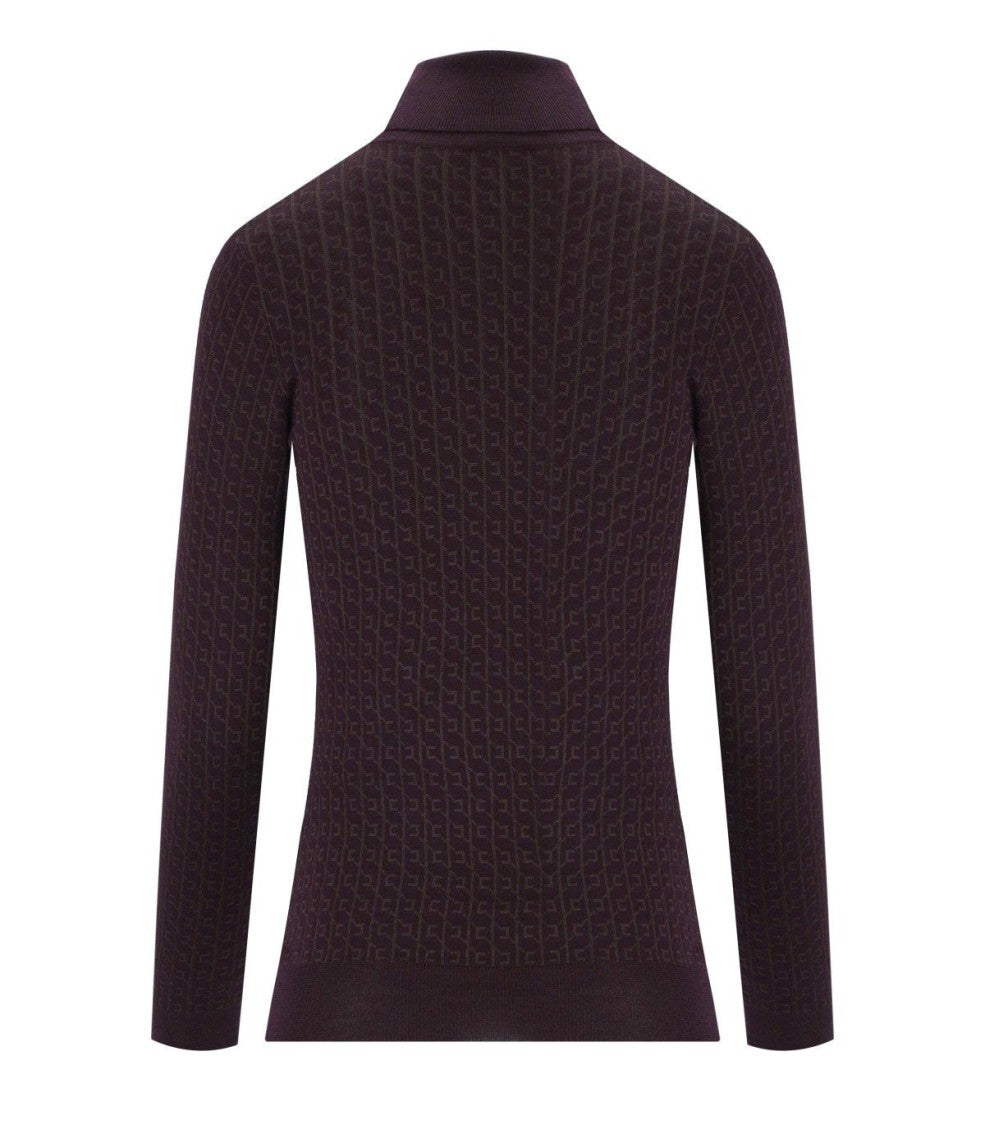 Elisabetta Franchi Monogram Jacquard Turtleneck Sweater In Merlot Shade