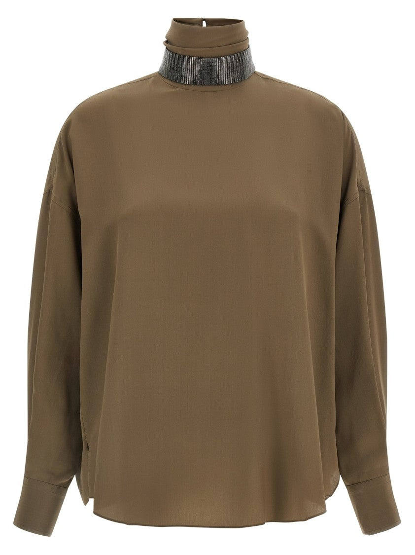 Brunello Cucinelli High Neck Silk Blouse