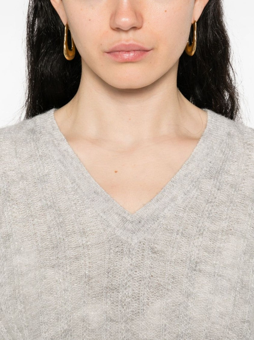 Twin-Set Cropped V-Neck Sweater With Balloon Sleeves And Textured Knit