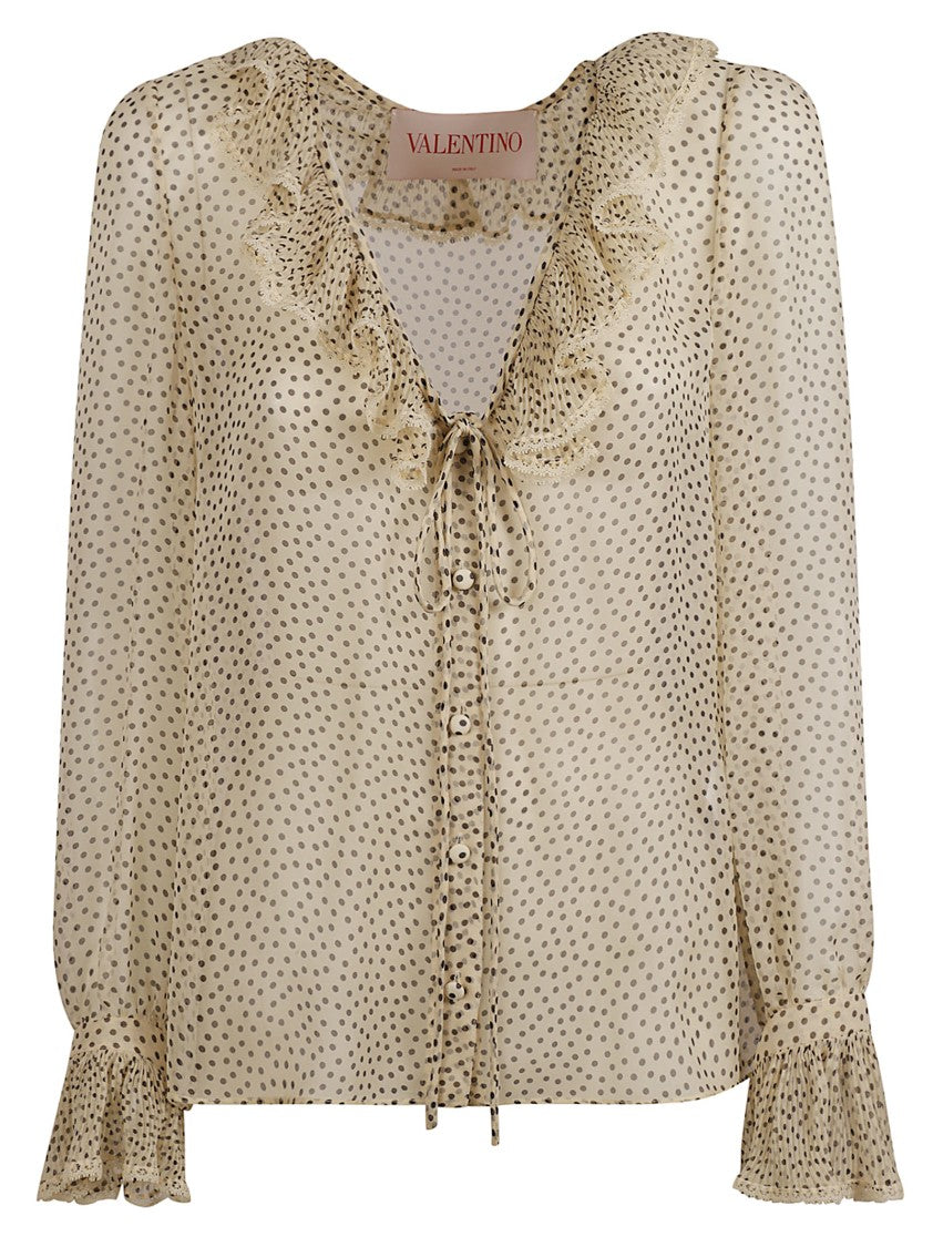 Valentino Garavani Silk Blouse With Ruffled V-Neckline And Lace Trim