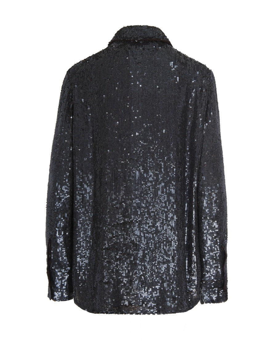P.A.R.O.S.H. Sequined Black Shirt With Classic Collar And Flap Pockets