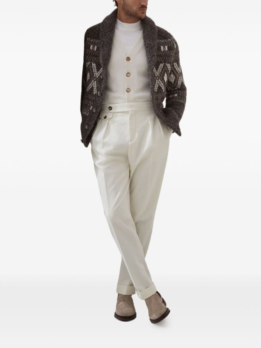 Brunello Cucinelli Shawl Collar Brown Sweater With Button Fastening And Textured Pattern