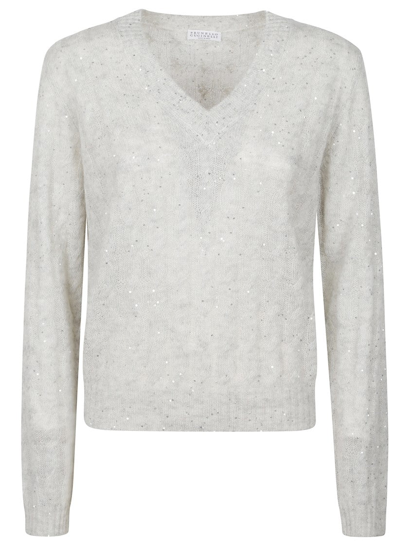Brunello Cucinelli Cashmere Knit Sweater With V-Neckline And Subtle Sequins