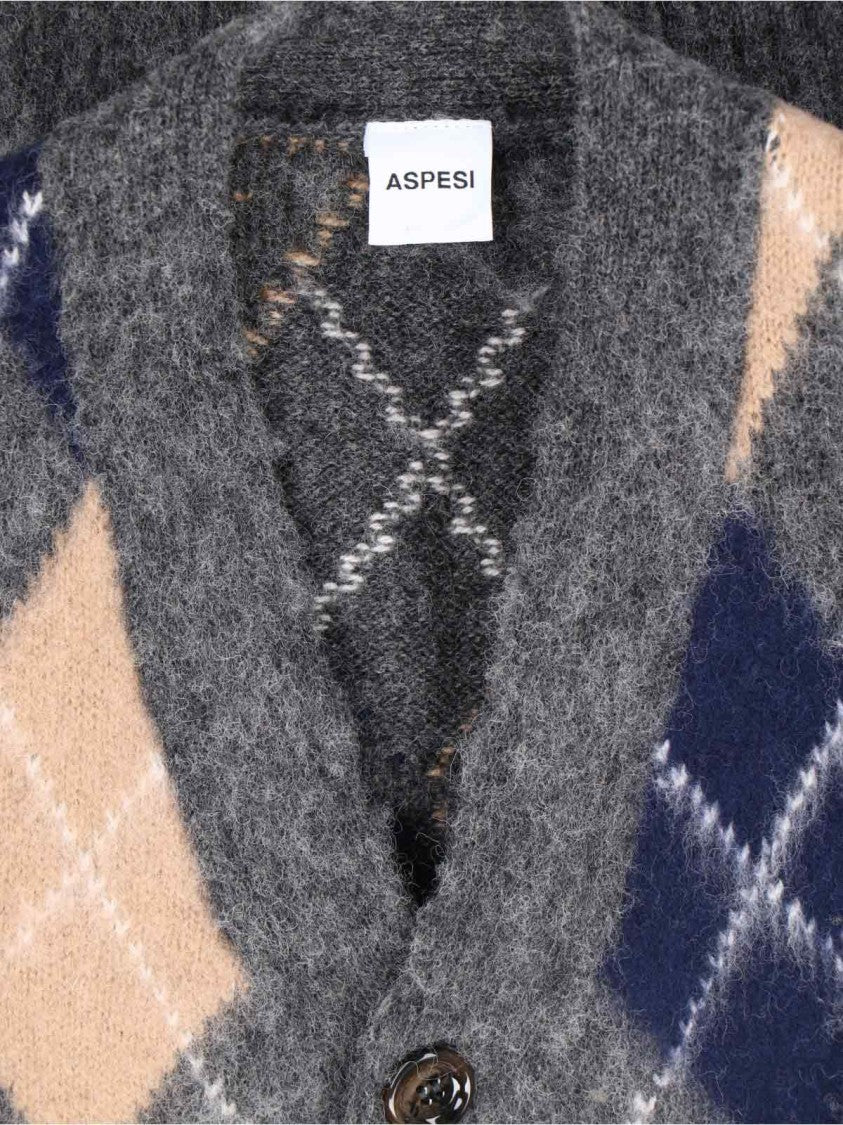 Aspesi Shetland Wool Cardigan – Grey Argyle