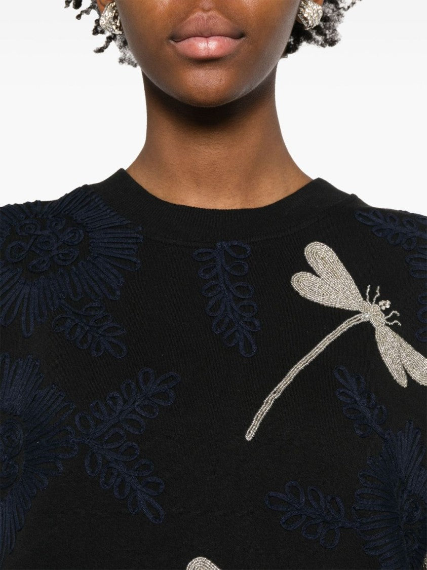 Forte Forte Embroidered Black Sweatshirt With Textured Floral Motifs