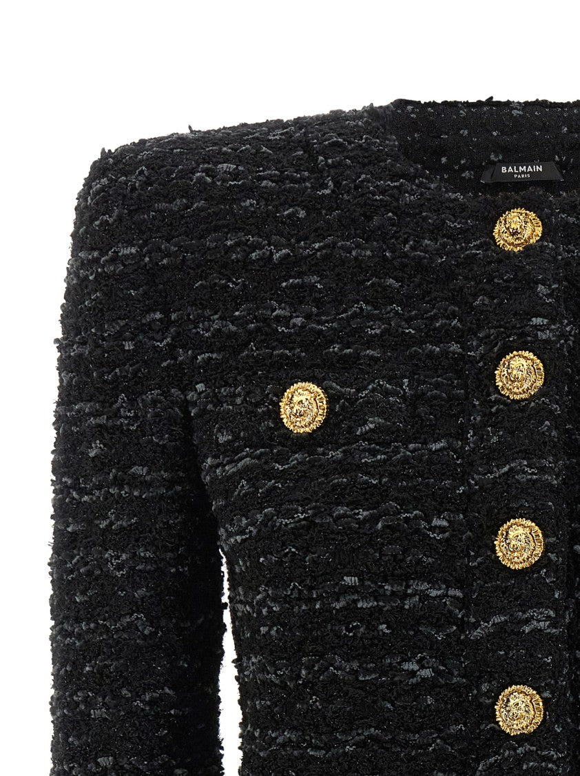 Balmain Textured Viscose Blend Tweed Blazer With Bolero Silhouette