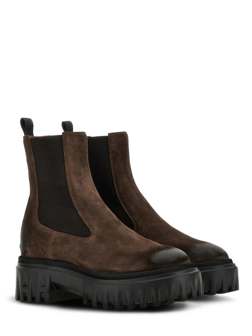 Hogan Brown Leather Ankle Boots With Black Sole