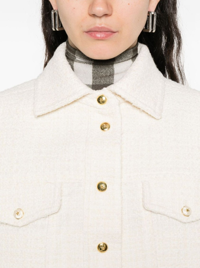 Pinko Cropped White Textured Jacket With Gold-Tone Accents