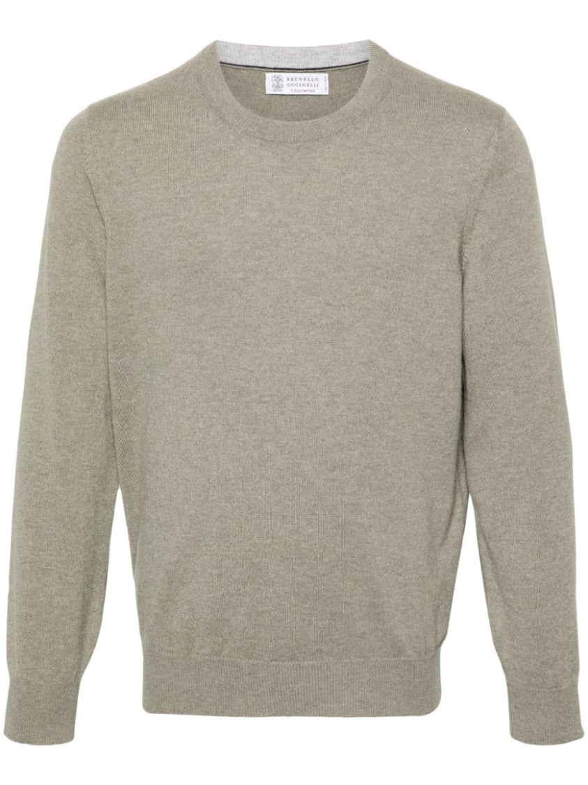 Brunello Cucinelli Light Olive Green Cashmere Sweater With Contrasting Trim