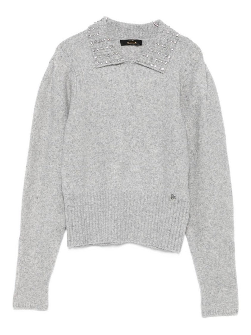 Twin-Set Light Grey Sweater With Crystal Embellished Collar And Ribbed Hem