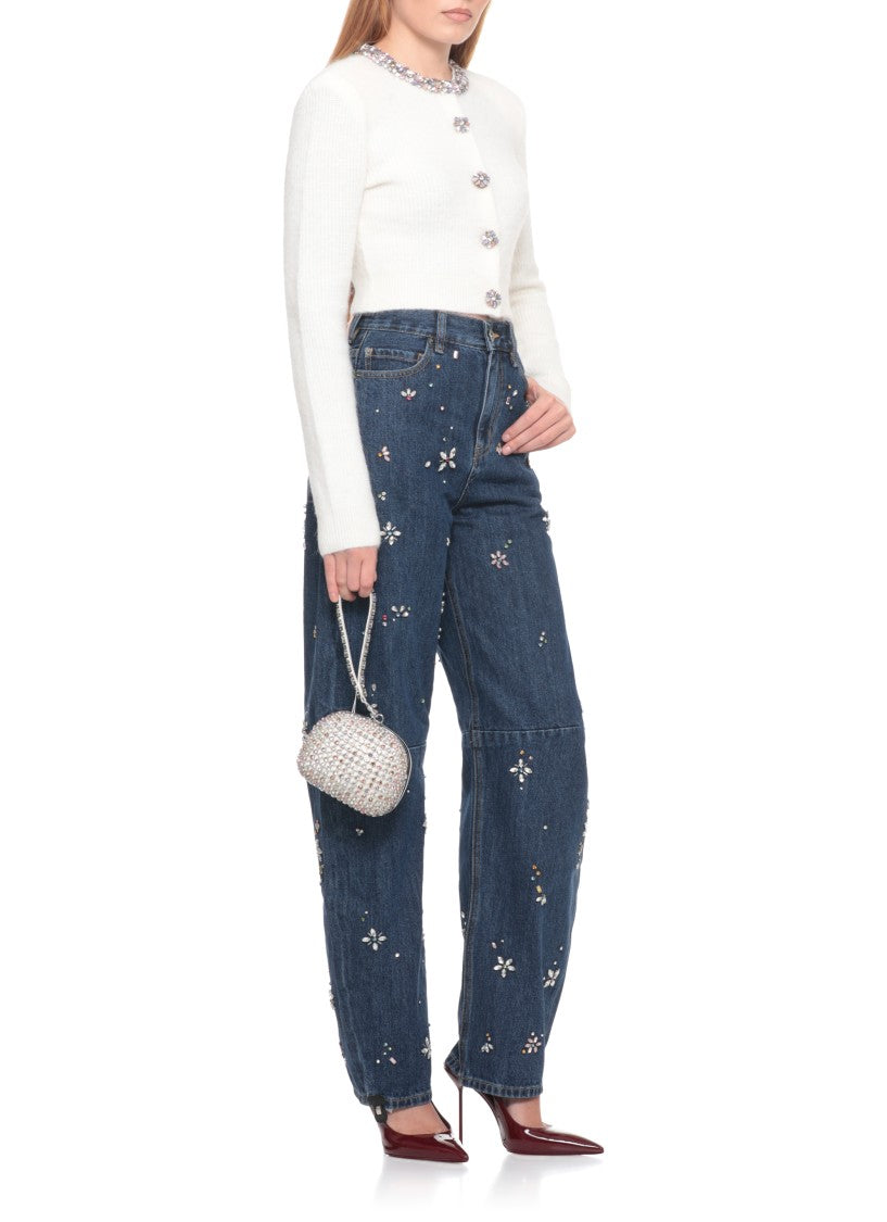 Self-Portrait Wide-Leg Cotton Jeans With Strass Floral Embellishments