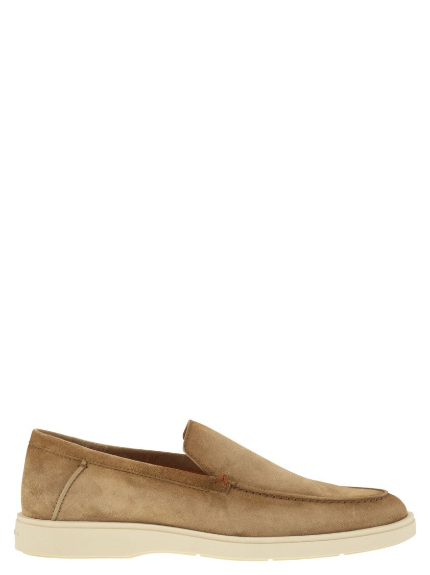 Santoni Suede Moccasin With Orange Thread Detailing