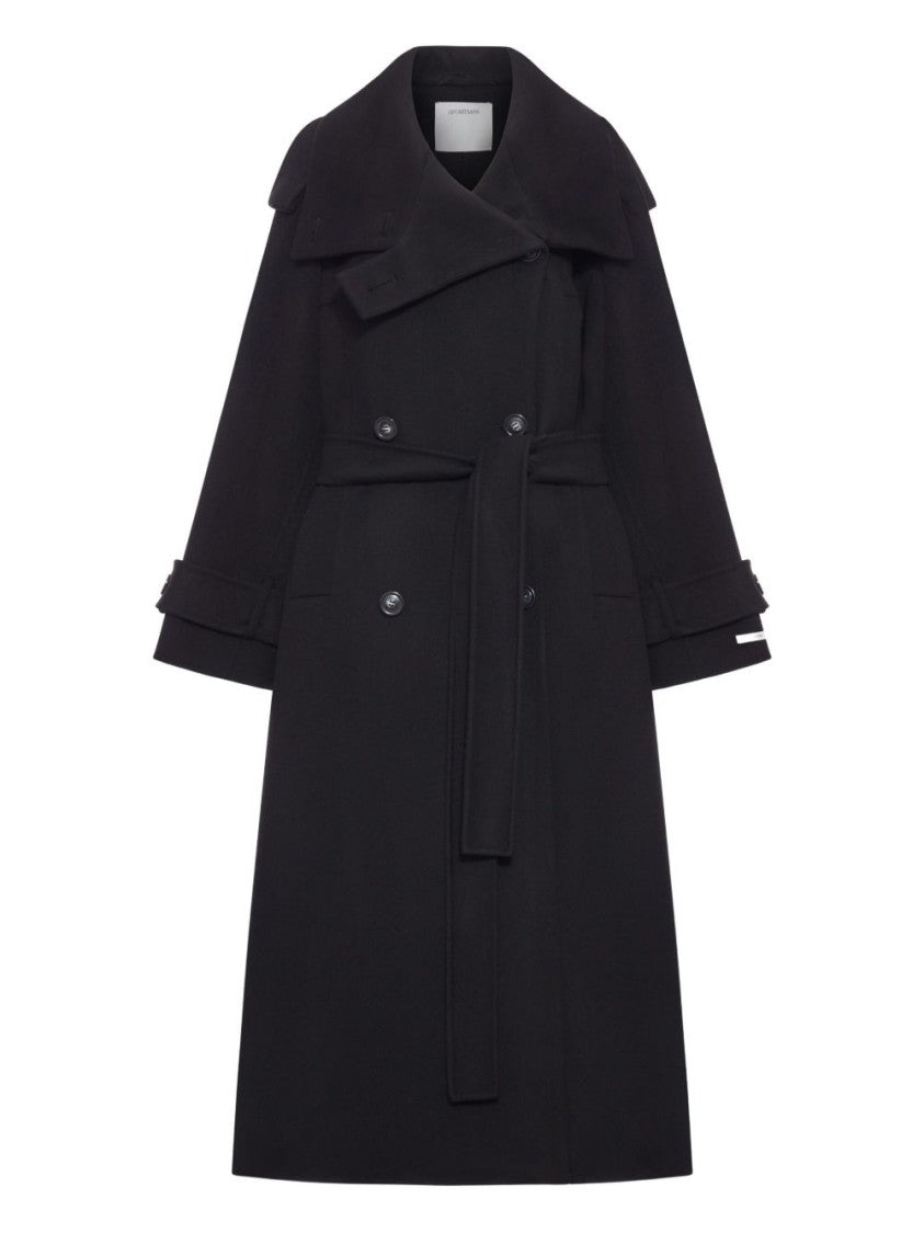 Sportmax Double-Breasted Black Long Coat With Tailored Waist And Wide Collar