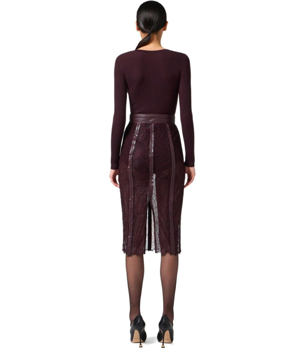 Elisabetta Franchi Merlot Ribbed Long-Sleeved Top With Gold Button Detail