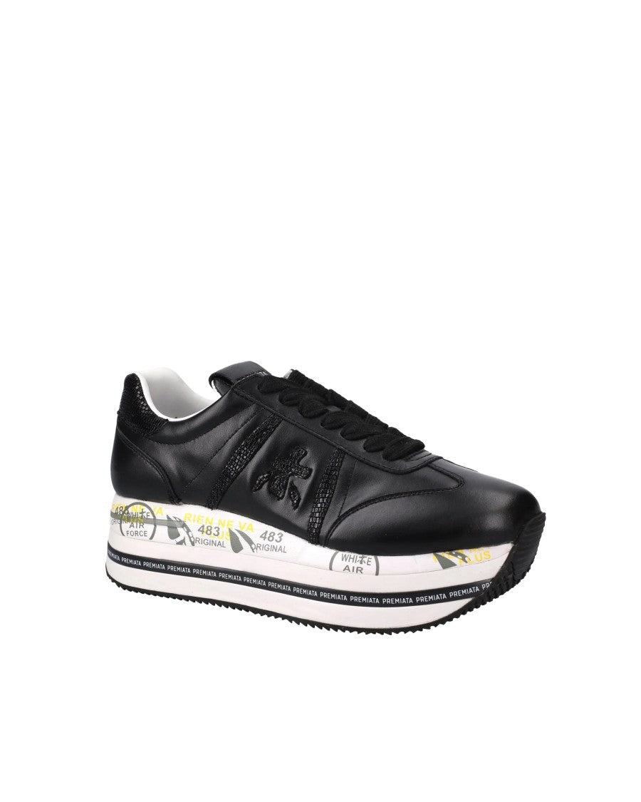Premiata Black Leather Sneakers With Suede Accents And Bold Platform