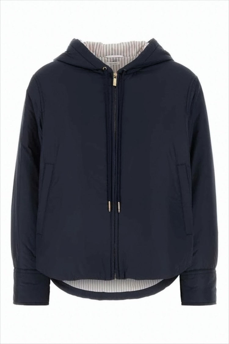 Thom Browne Cropped Blue Jacket With Front Zipper And Hood