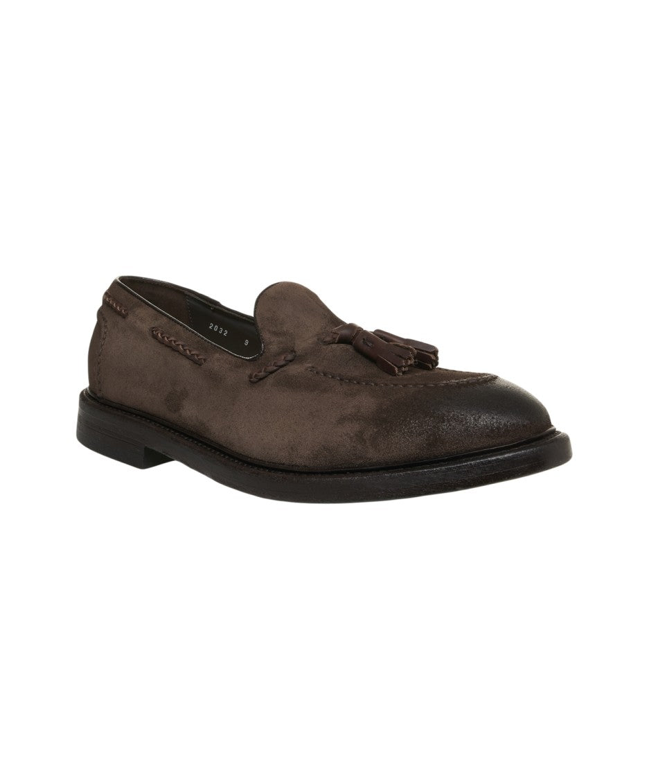 Green George Suede Loafers With Tassel Details And Intricate Stitching
