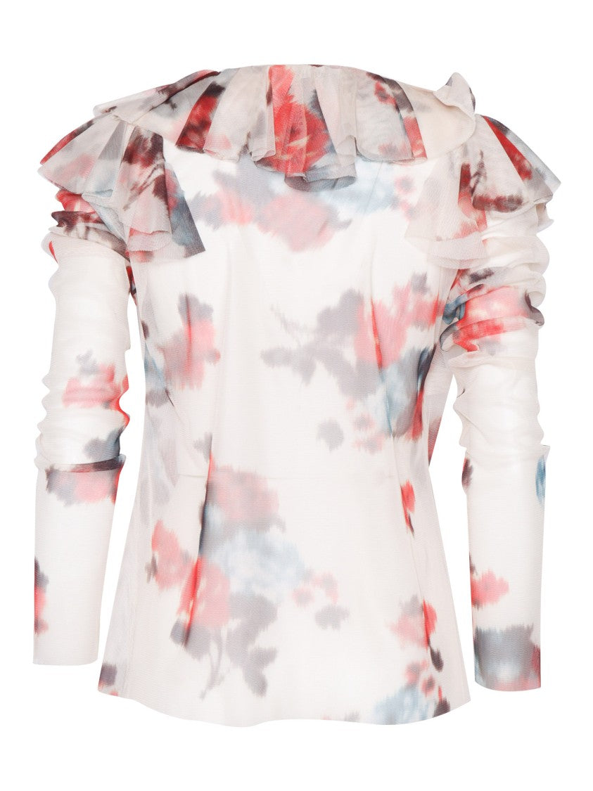Philosophy Di Lorenzo Serafini White Blouse With Abstract Pattern And Ruffle Design