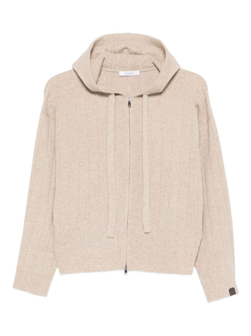 Max Mara Zip-Up Beige Knit Sweater With Hood