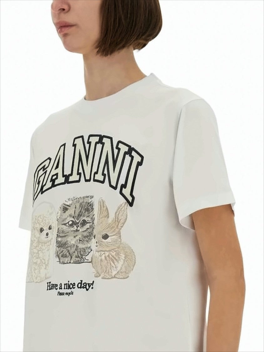 Ganni Short-Sleeved Crew Neck T-Shirt With Playful Animal Print
