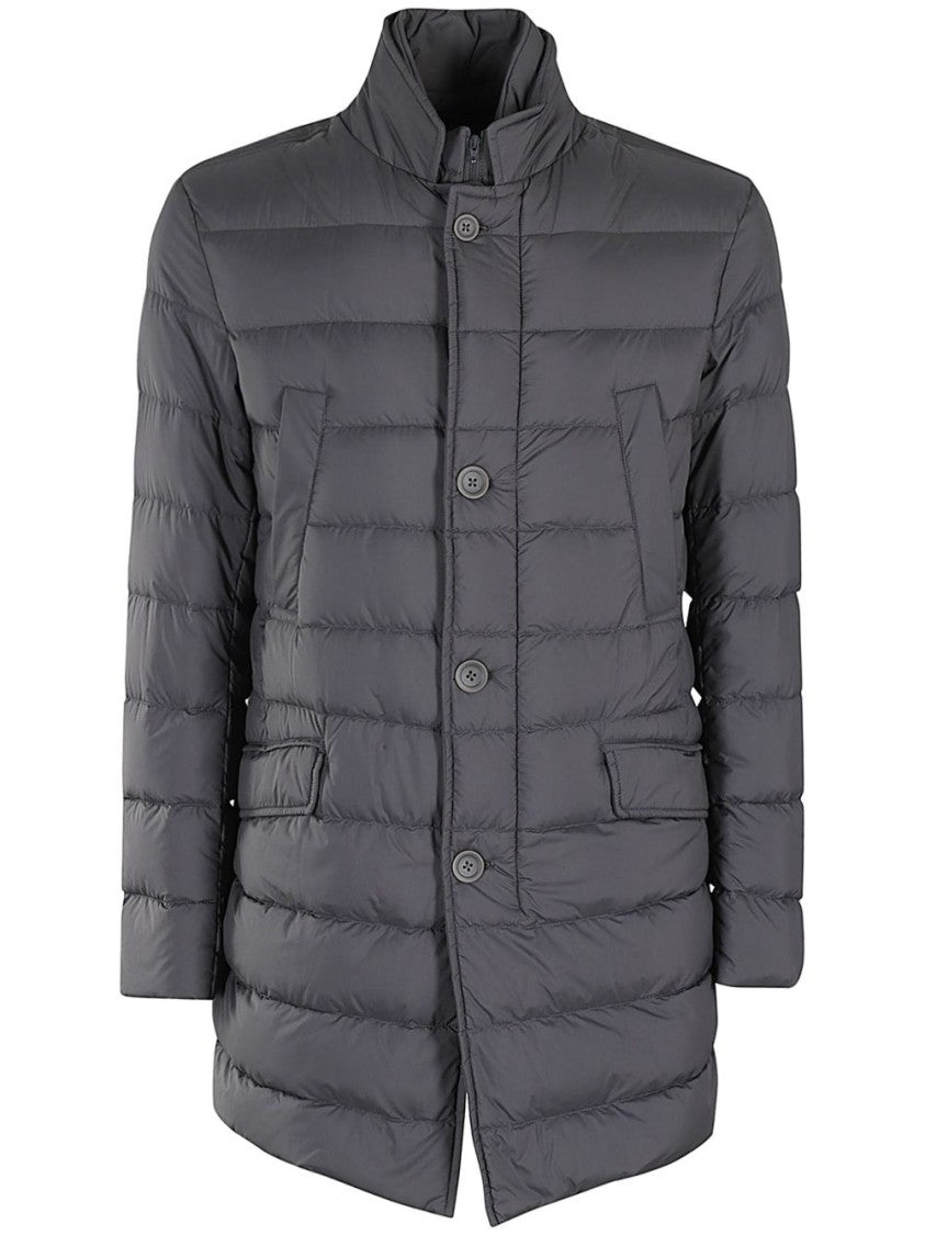 Herno Quilted Anthracite Coat With High Collar And Minimalist Design
