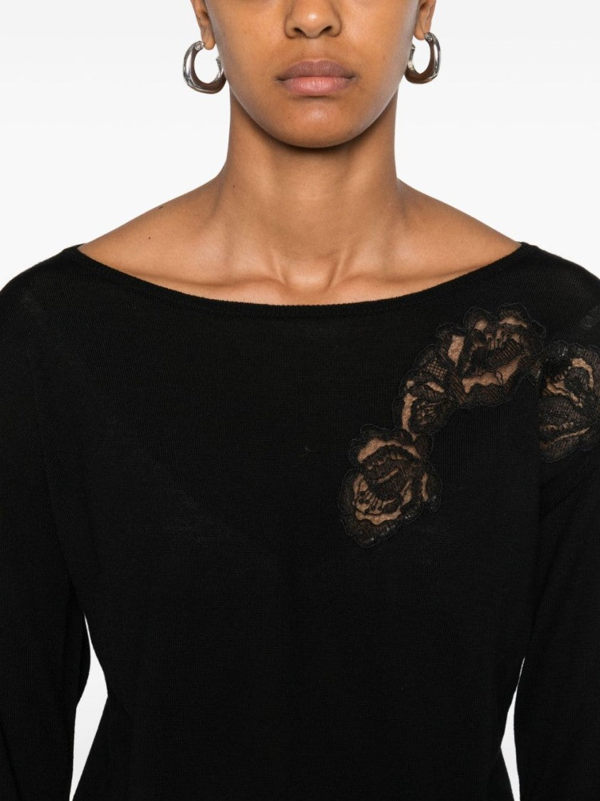 Blugirl Black Sweater With Lace Floral Appliqués