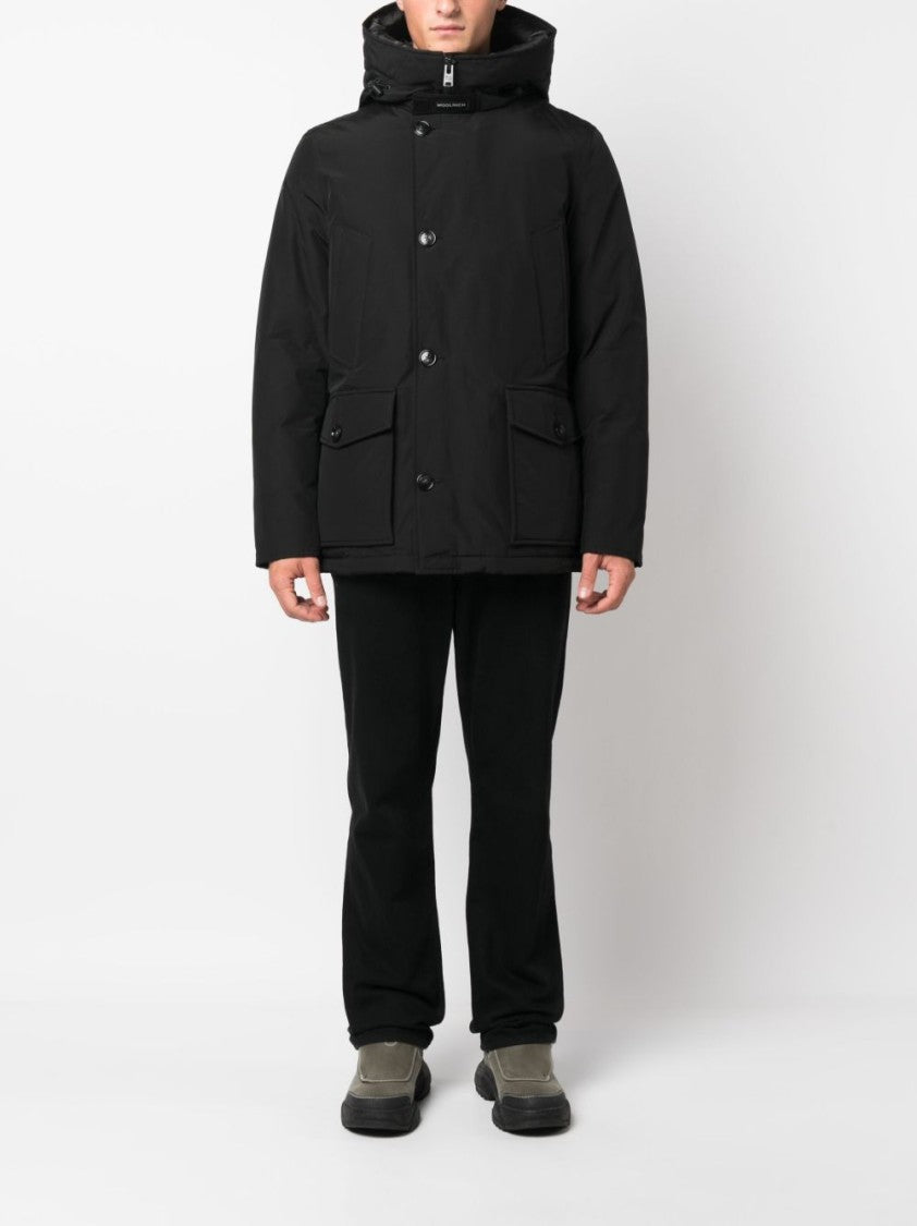 Woolrich Long Black Coat With High Collar And Flap Pockets