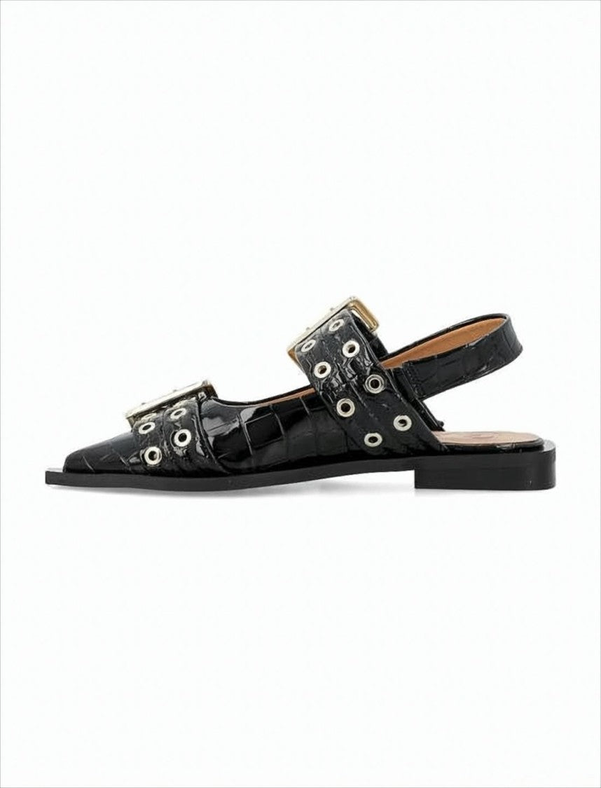 Ganni Pointed Toe Flats With Glossy Crocodile-Embossed Leather And Buckle Detail