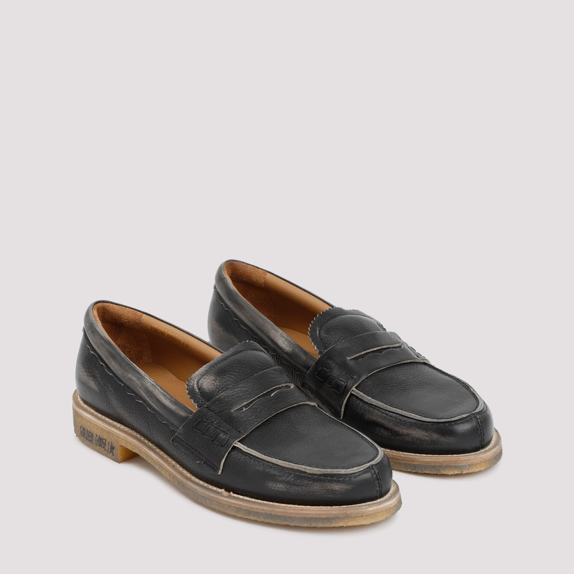 Golden Goose Distressed Black Leather Loafers With Vintage Charm