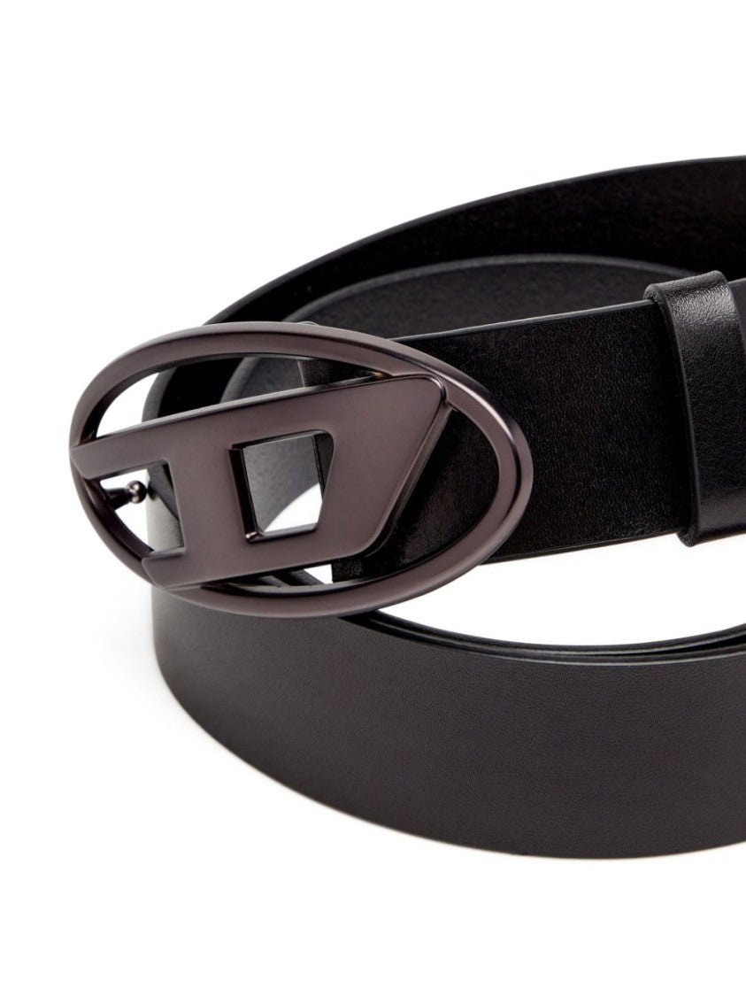 Diesel Black Leather Belt With Geometric Oval Buckle
