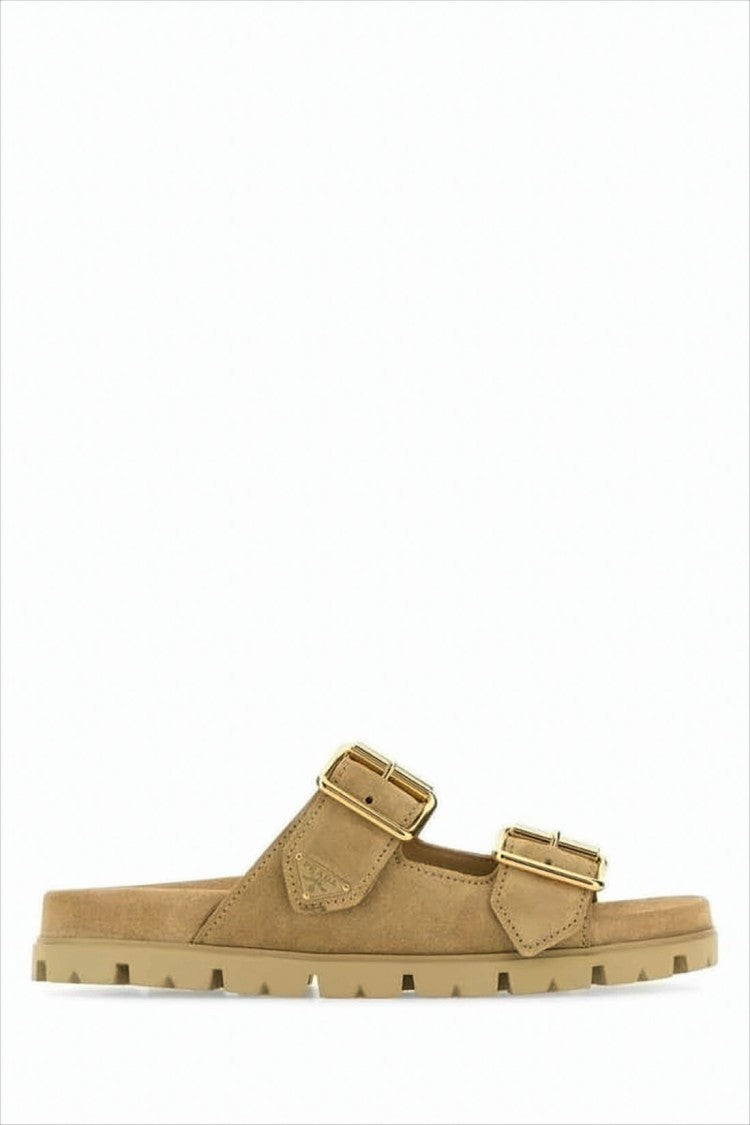 Prada Brown Calf Leather Mule Sandals With Gold-Tone Buckles