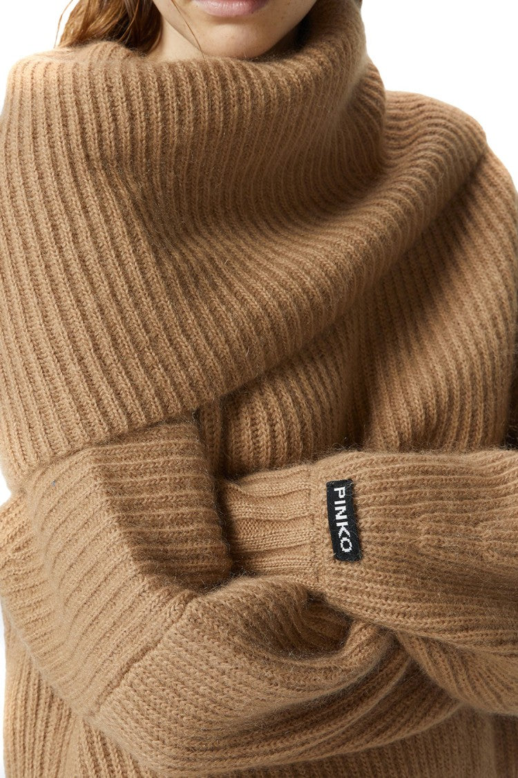 Pinko Off-The-Shoulder Beige Knit Sweater With Oversized Fit