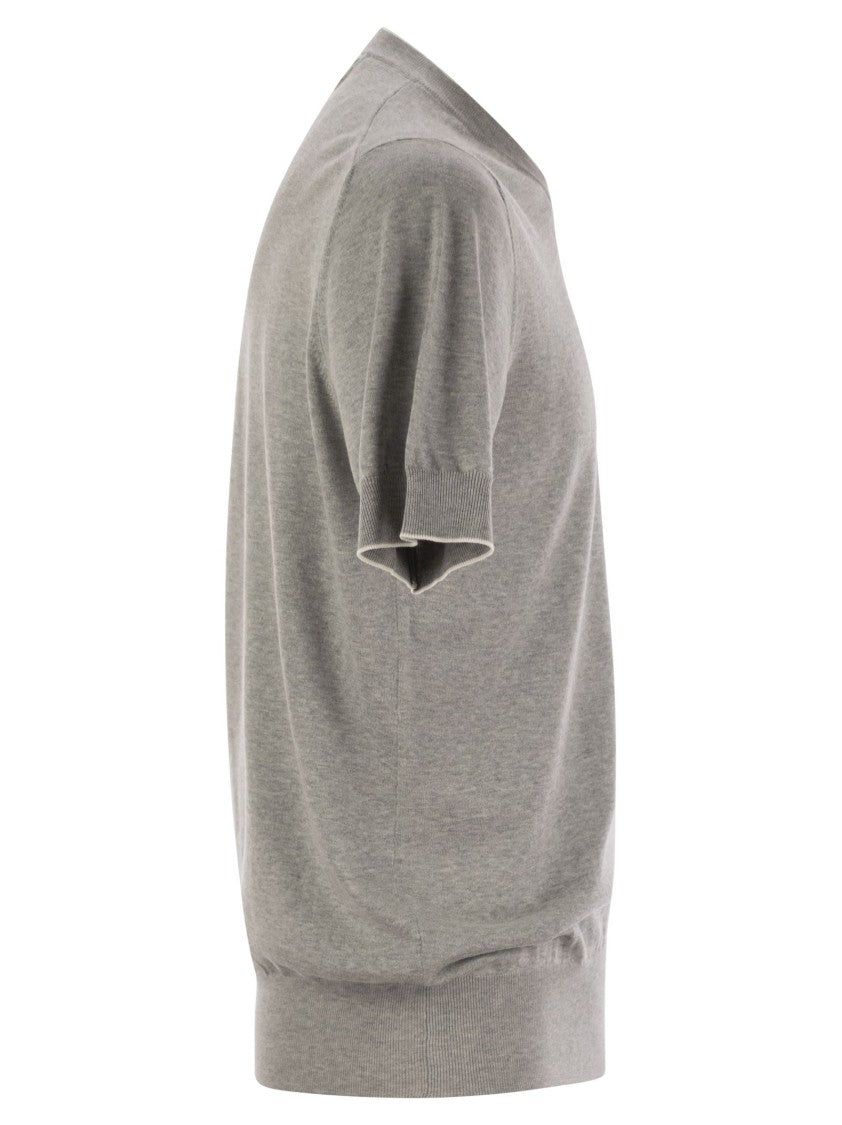 Brunello Cucinelli Short-Sleeved Cotton Jersey Jumper With Contrasting Trim