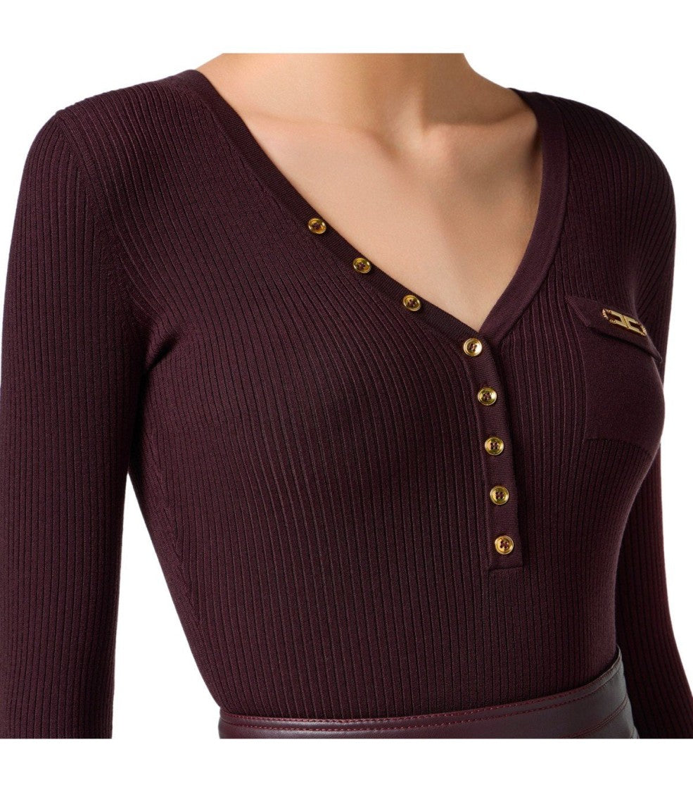 Elisabetta Franchi Merlot Ribbed Long-Sleeved Top With Gold Button Detail
