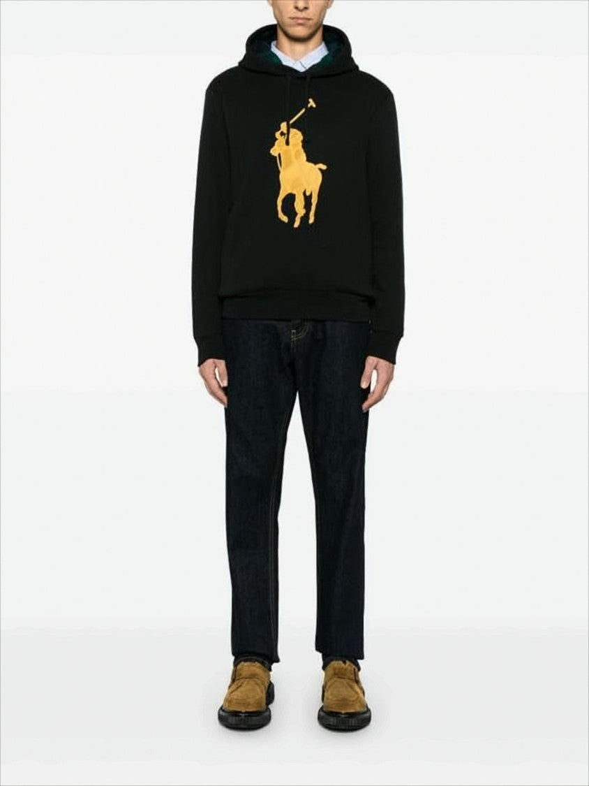 Polo Ralph Lauren Black Hoodie With Bold Yellow Polo Graphic And Plaid Lining